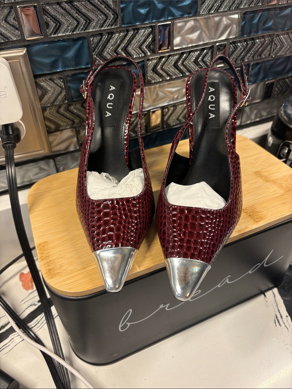 Aqua Burgundy Croc-Embossed Slingback Pumps with Silver Cap Toe